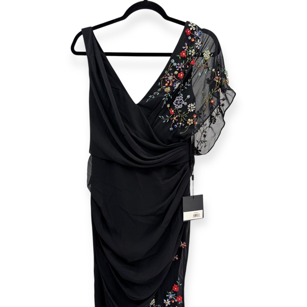 NWT‎ Mac Duggal Black Faux Wrap Multi Colored Beaded Floral Gown $798 - Size 2 - Picture 4 of 15